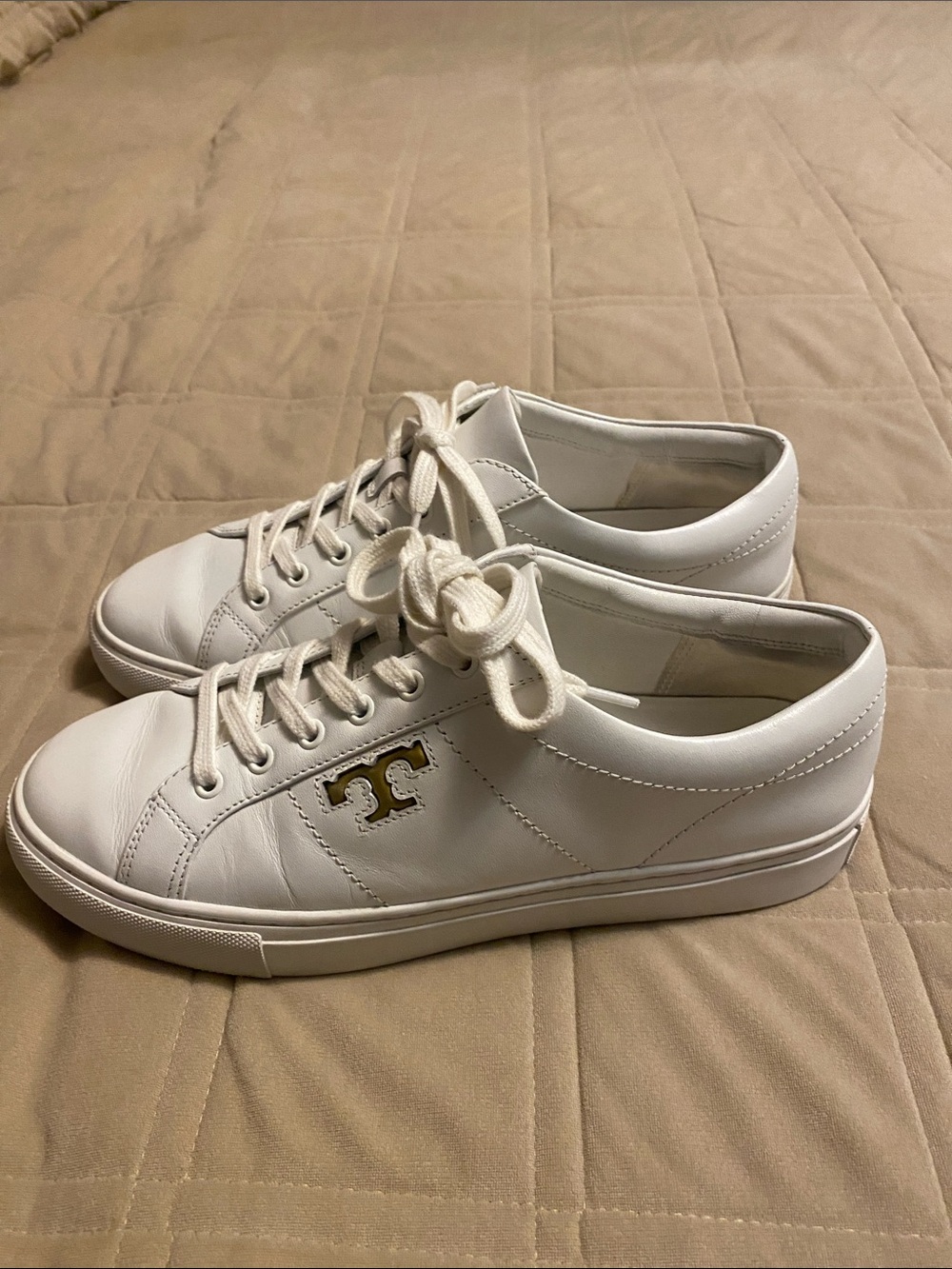 Tory Burch White Leather Low-Top Sneakers with Gold Logo